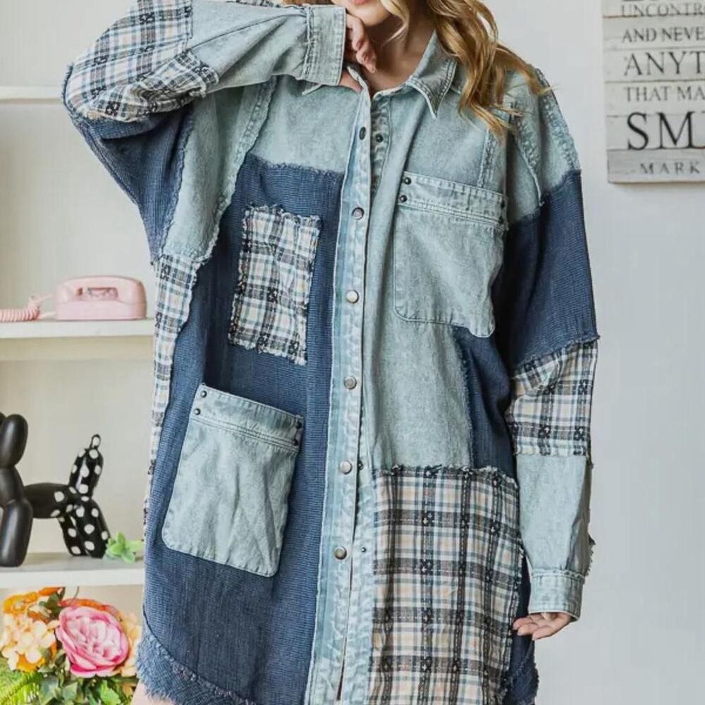 Boho Western Oversized Oli & Hali Colorblock Patchwork Flannel